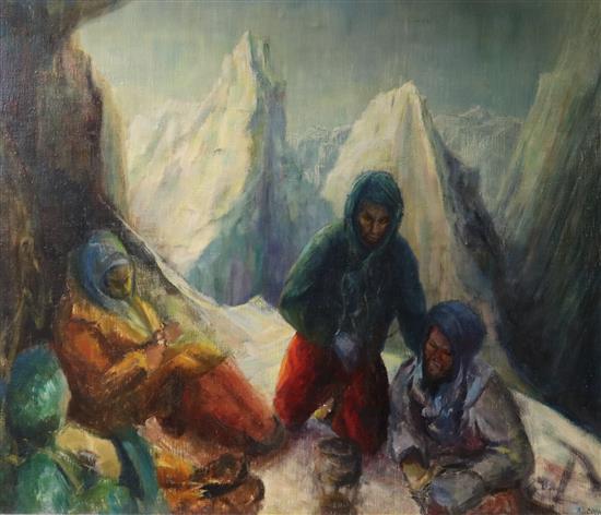 J.Alcock, oil on canvas, Mountaineers resting at high altitude, signed 63 x 76cm.